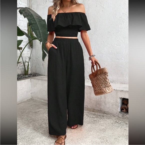 Boho black off shoulder crop top and wide leg pants